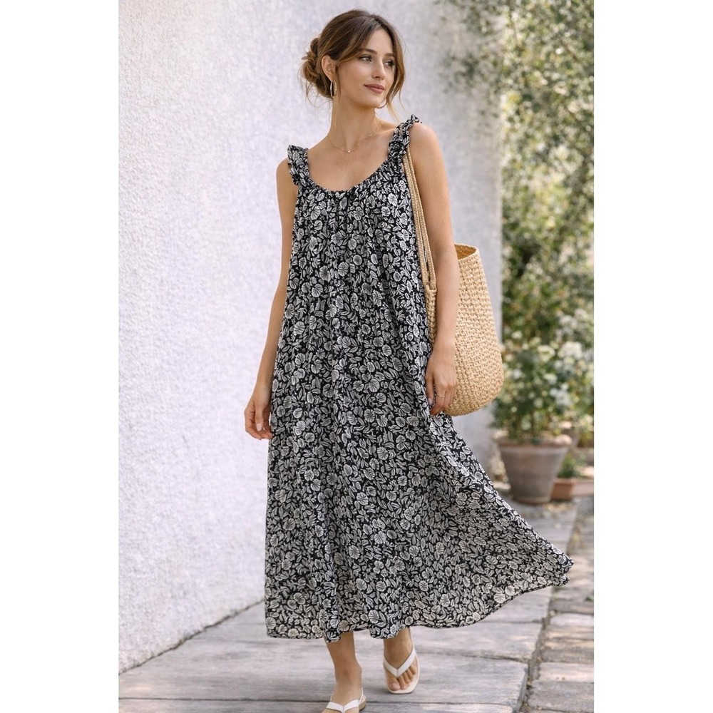 LOFT‎ Dress Ruffle Strap Botanical Leaf Print Black White Size Small Boho Maxi